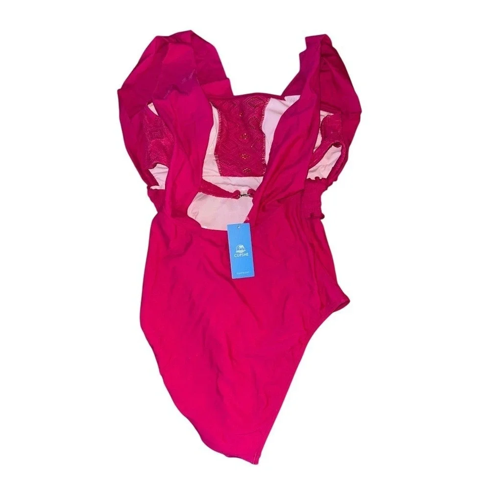 CUPSHE One-Piece Swimsuit Womens Size M Magenta Plunge V-Neck Lace Back rushed